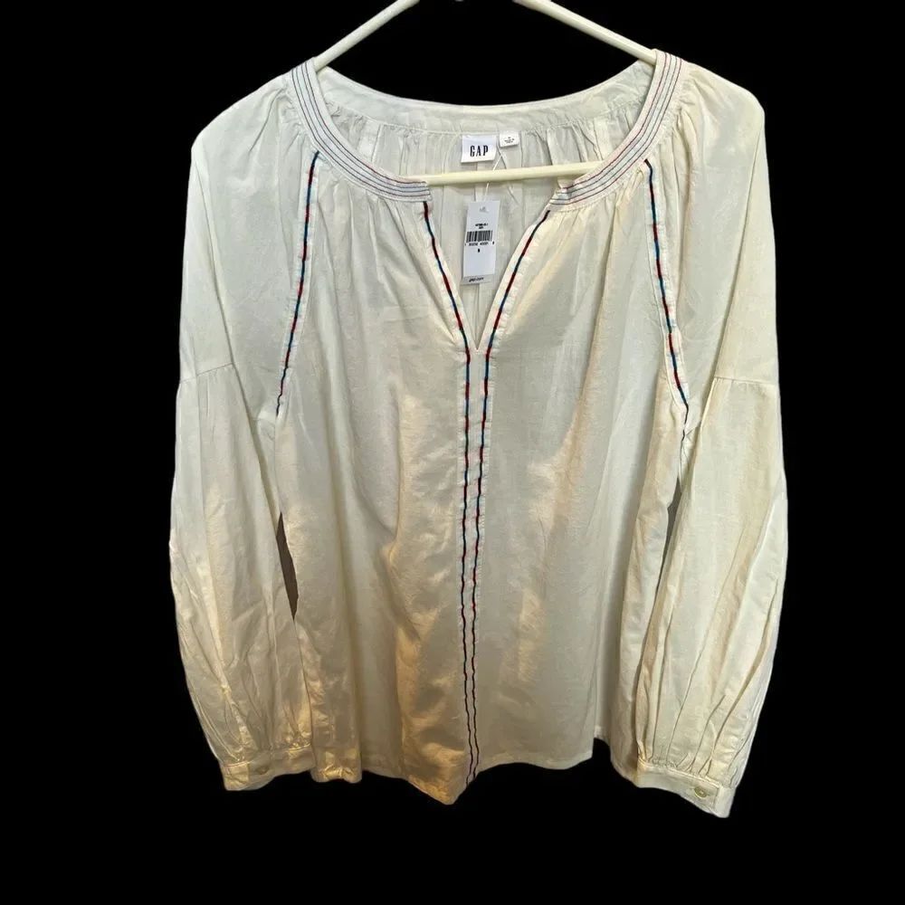 Gap Boho Blouse V neck Pullover Small Cream with red and blue trim